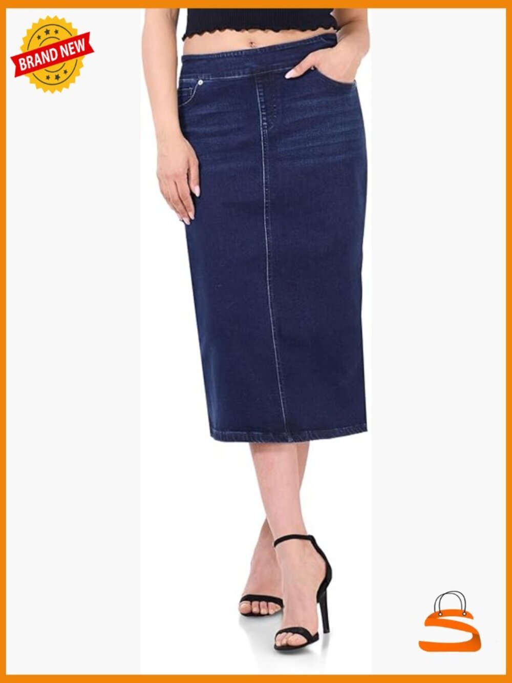 Stretch Denim Skirt High Rise Pull On Casual with Pockets